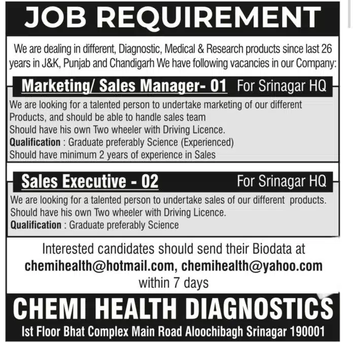 CHEMI HEALTH DIAGNOSTICS JOB REQUIREMENT 2024