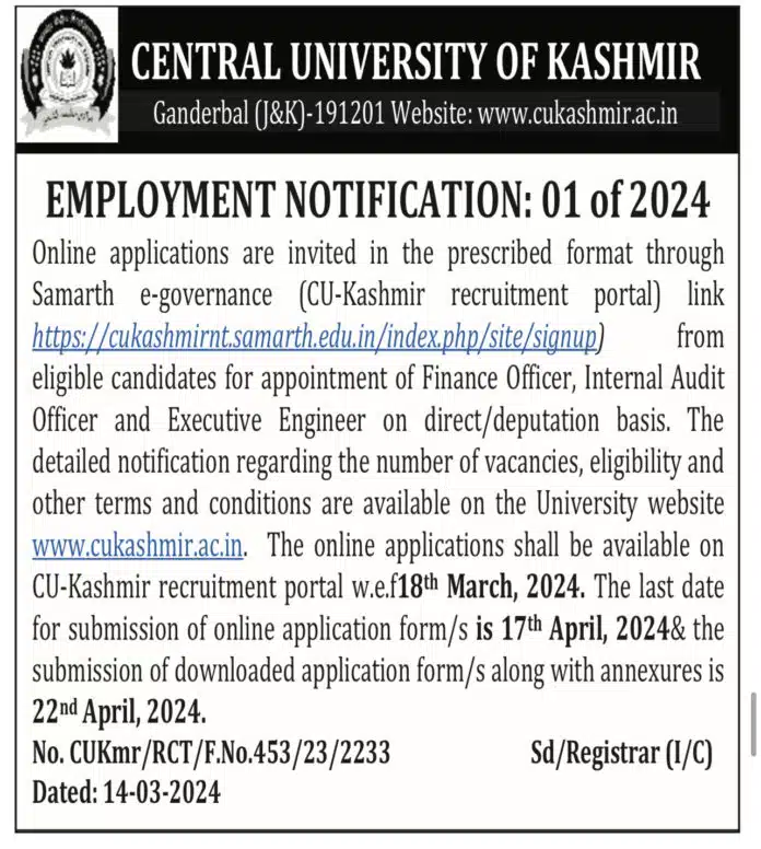 CENTRAL UNIVERSITY OF KASHMIR EMPLOYMENT NOTIFICATION: 01 of 2024