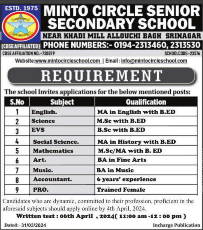 Minto Circle Senior Secondary School Srinagar Job Advertisement 2024