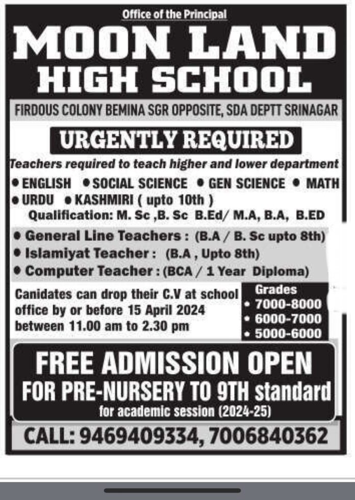 MOON LAND HIGH SCHOOL SRINAGAR JOB VACANCIES 2024