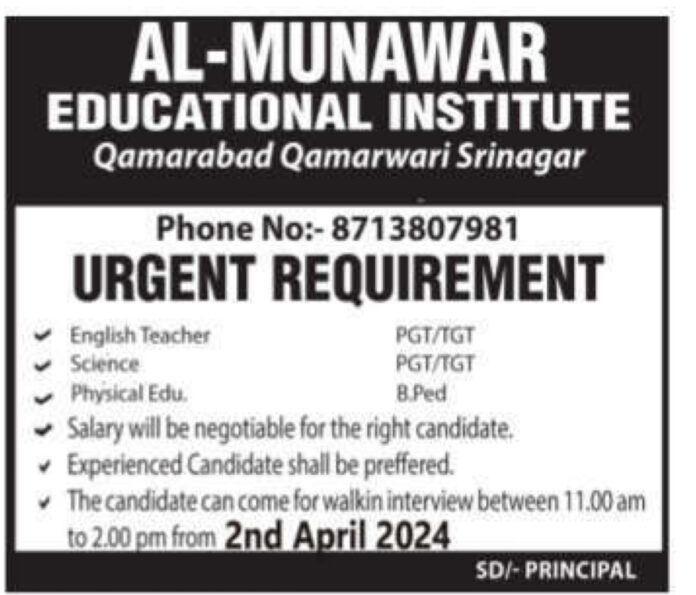 Al-Munawar Educational Institute. Job Vacancies 2024