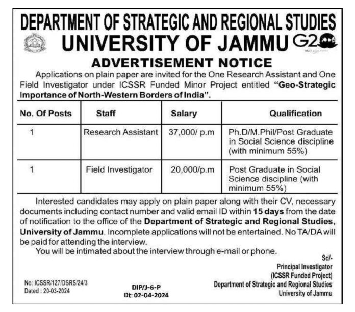 Department of Strategic and Regional Studies University of Jammu Advertisement Notice 2024