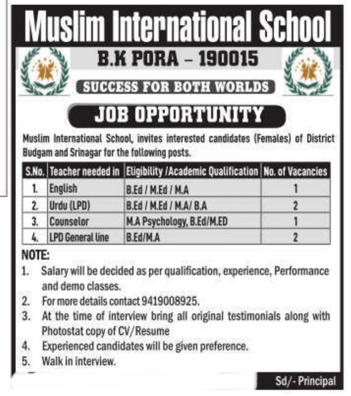Muslim International School B.K PORA JOB ADVERTISEMENT 2024