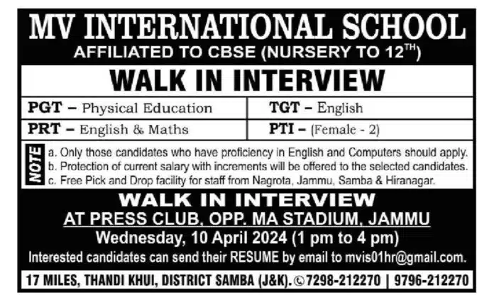 MV INTERNATIONAL SCHOOL JAMMU JOB ADVERTISEMENT 2024