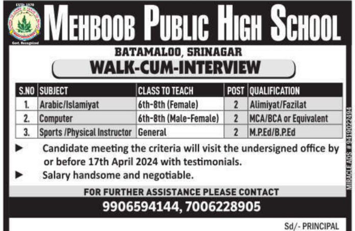 Mehboob Public High School Srinagar Job Vacancies 2024