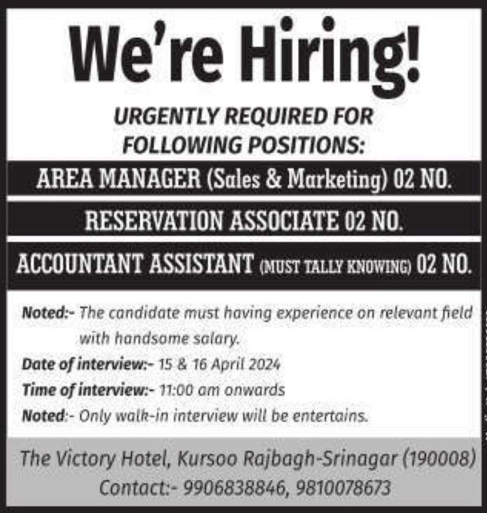 Job Opportunities Available at The Victory Hotel, Srinagar