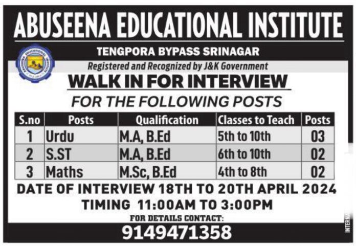 Abuseena Educational Institute Job Advertisement 2024