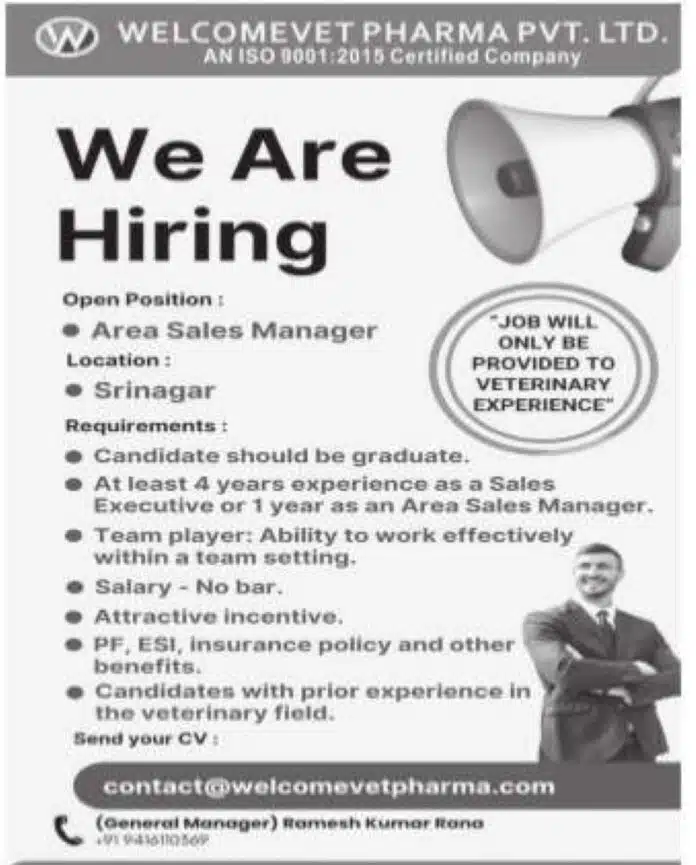 Welcomevet Pharma Pvt. Ltd Job Advertisement 2024