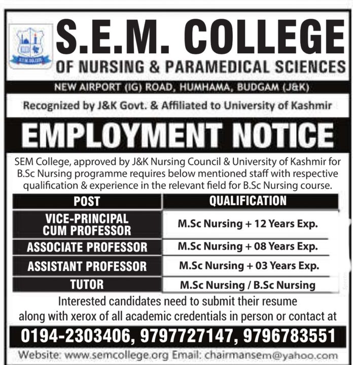 S.E.M. College of Nursing & Paramedical Sciences Employment Notice 2024
