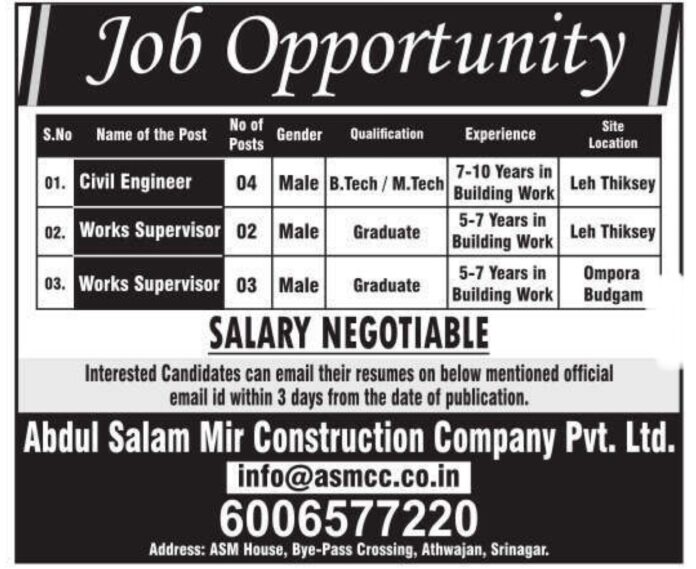 Abdul Salam Mir Construction Company Pvt. Ltd. Announcing Vacancies