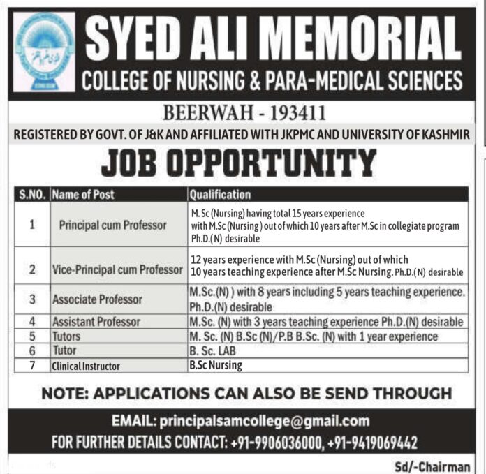 Job Opportunity at Syed Ali Memorial College of Nursing & Para-Medical Sciences