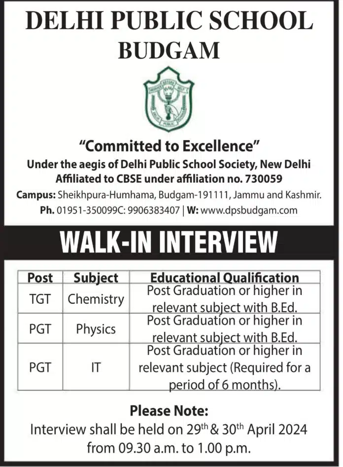 DELHI PUBLIC SCHOOL BUDGAM JOB VACANCIES 2024