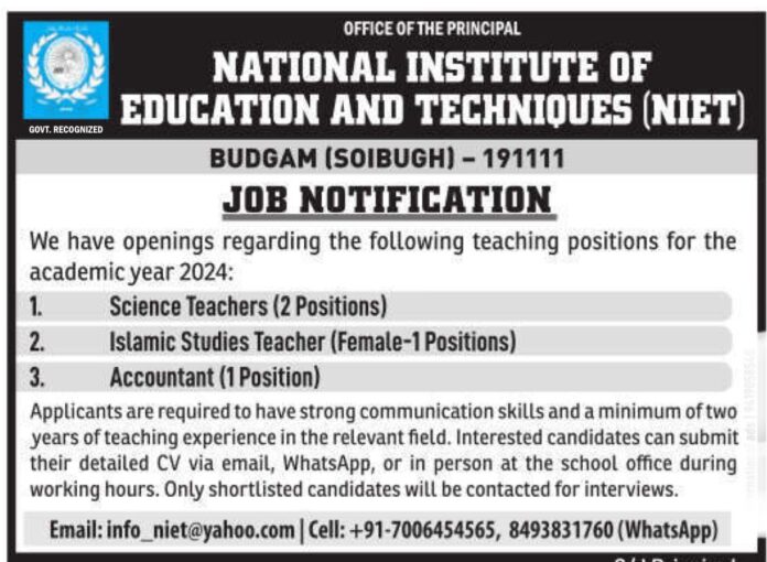 NATIONAL INSTITUTE OF EDUCATION AND TECHNIQUES (NIET) JOB NOTIFICATION 2024