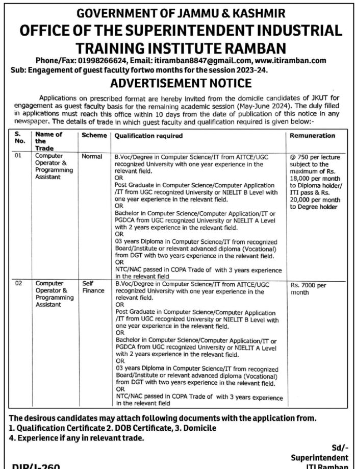 Engagement of guest faculty for two months for the session 2023-24.