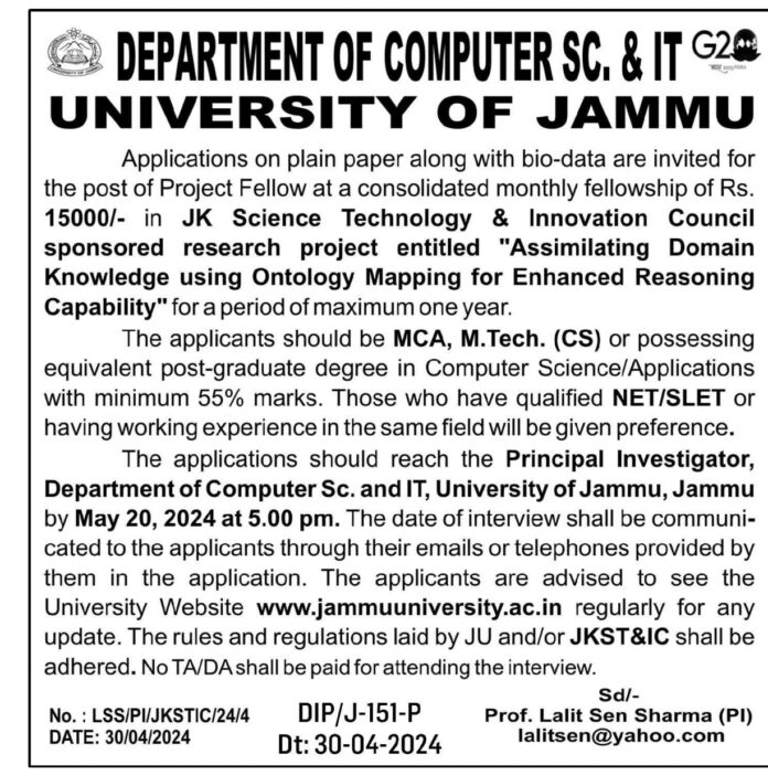 UNIVERSITY OF JAMMU DEPARTMENT OF COMPUTER SCIENCE & IT JOB ADVERTISEMENT 2024