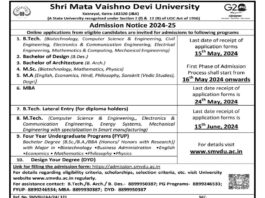 Shri Mata Vaishno Devi University Admission Notice 2024-25