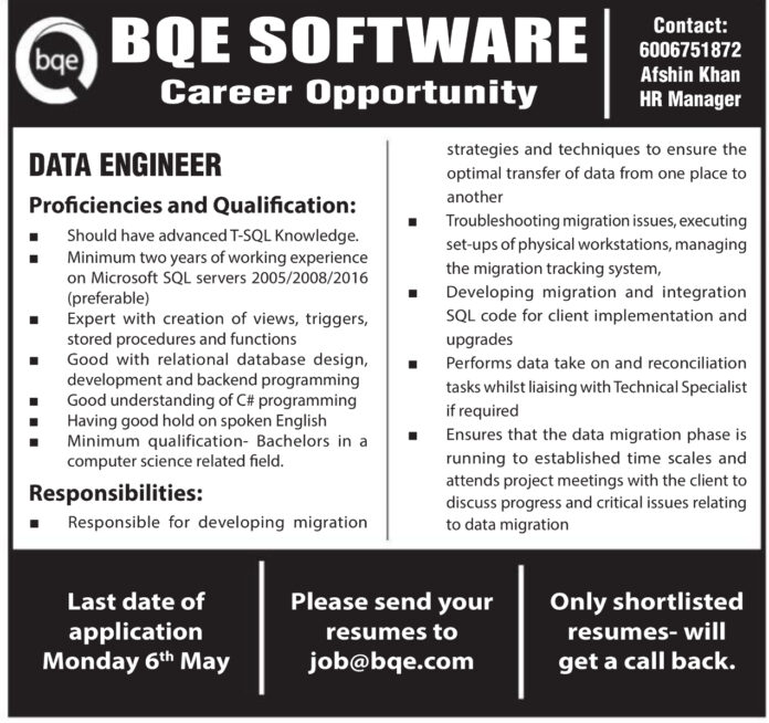 BQE Software Career Opportunity Data Engineer 2024