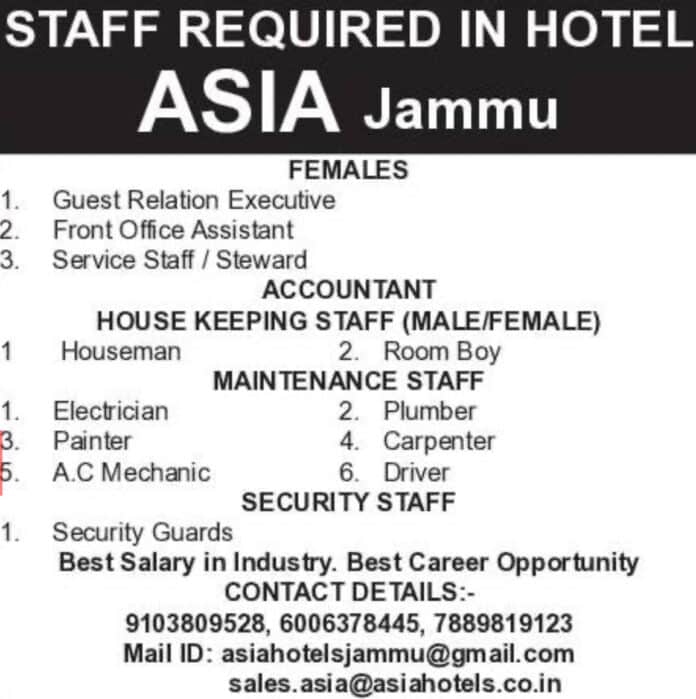 HOTEL ASIA Jammu STAFF REQUIRED 2024