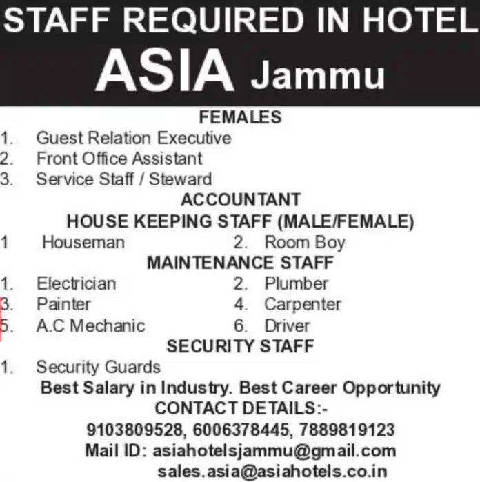 HOTEL ASIA Jammu STAFF REQUIRED 2024