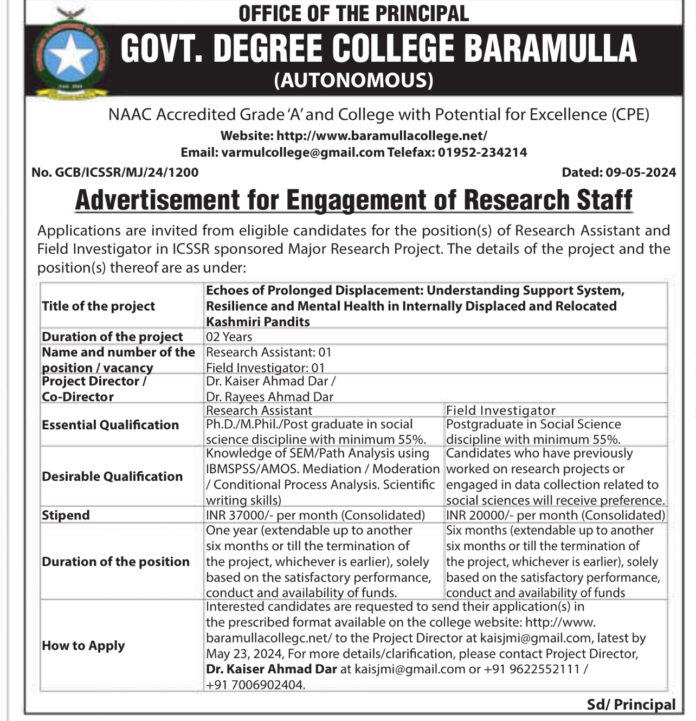 GOVT. DEGREE COLLEGE BARAMULLA Advertisement for Engagement of Research Staff 2024