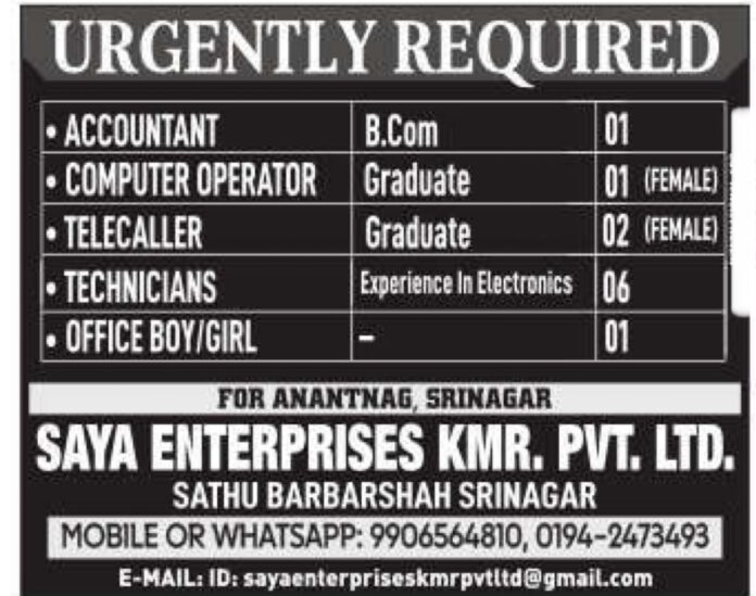 Job Openings at SAYA ENTERPRISES KMR. PVT. LTD.Apply Now for Various Positions