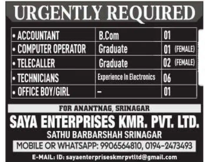 Job Openings at SAYA ENTERPRISES KMR. PVT. LTD.Apply Now for Various Positions