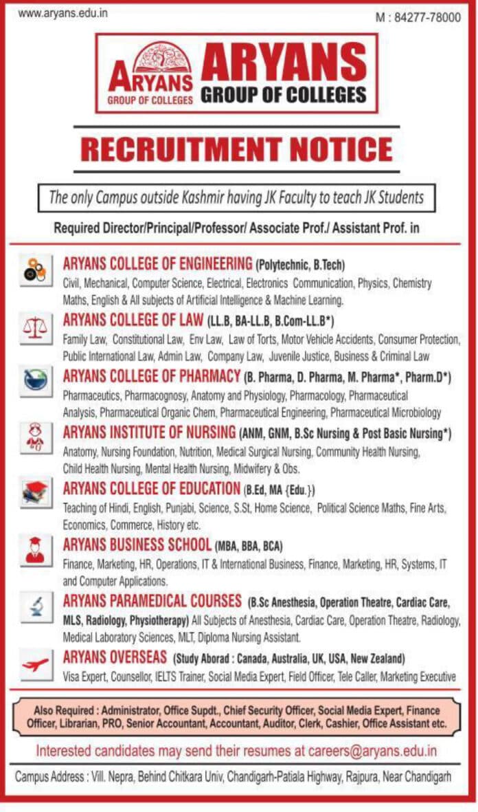 Recruitment Notice: Join Aryans Group of Colleges Chandigarh