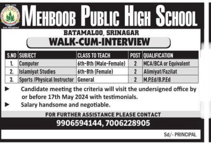 Mehboob Public High School Srinagar Job Vacancies 2024