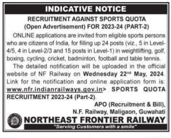 Northeast Frontier Railway Indicative Notice: Recruitment Against Sports Quota (Open Advertisement) for 2023-24 (Part-2)