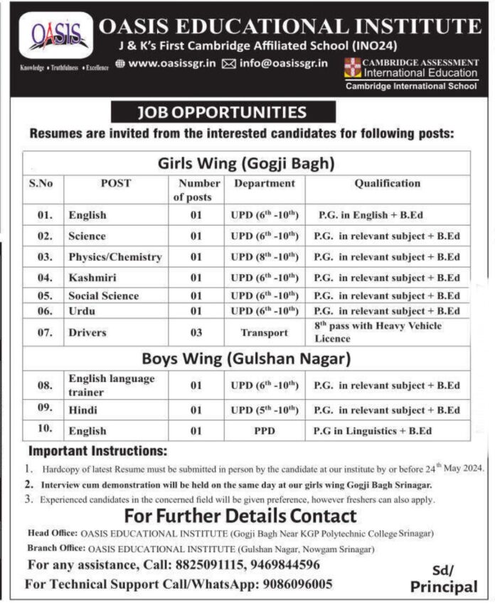 Job Opportunities at Oasis Educational Institute 2024
