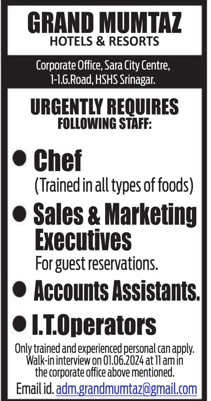 Job Opportunities at Grand Mumtaz Hotels & Resorts