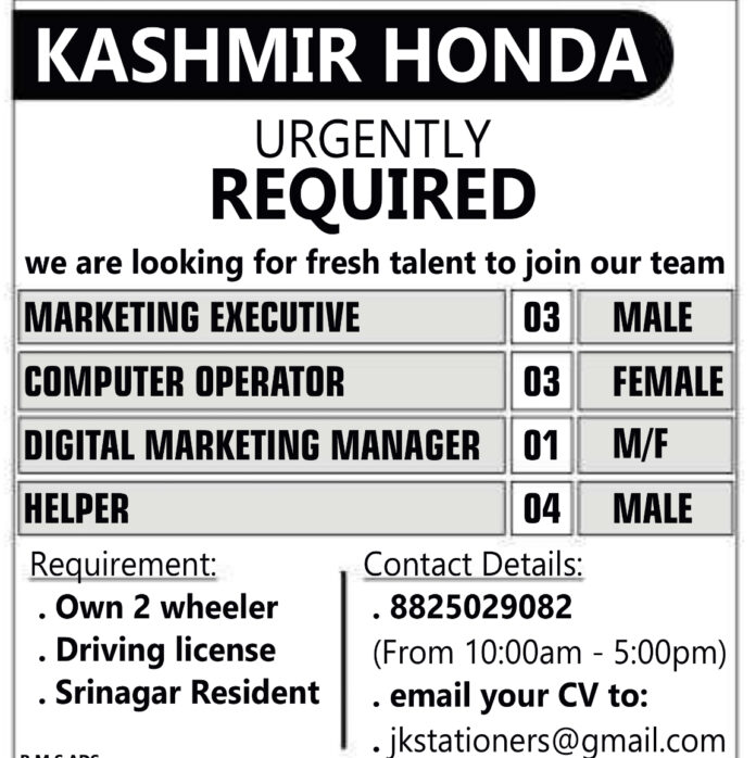 Job Opportunities at Kashmir Honda