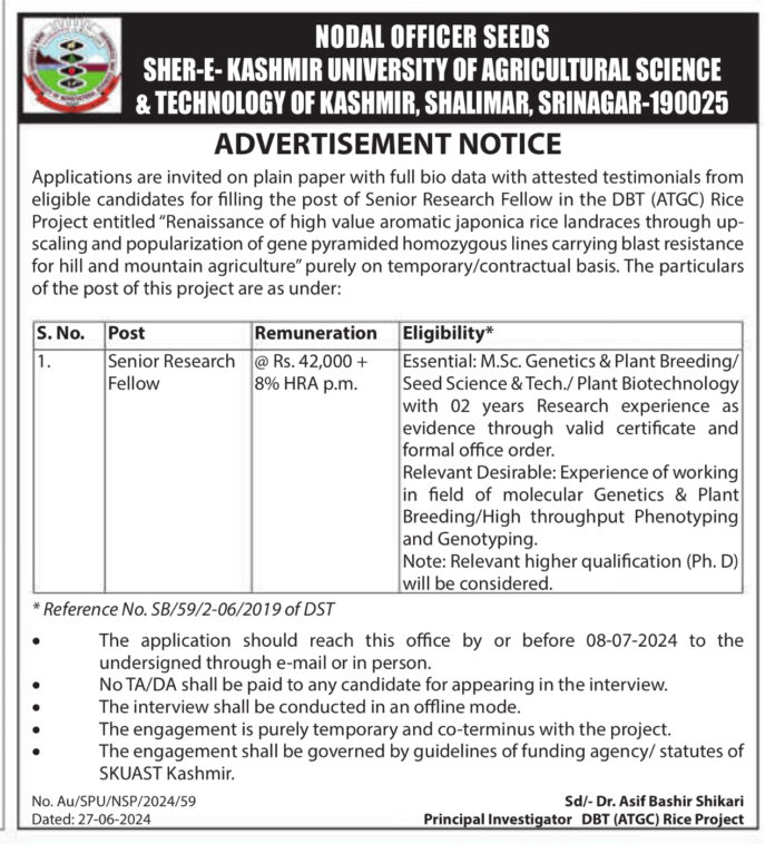 Job Opportunity at Sher-e-Kashmir University of Agricultural Science & Technology of Kashmir 2024