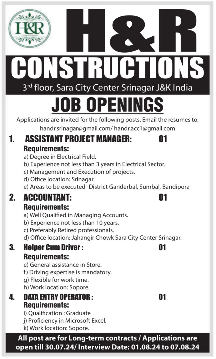 H&R CONSTRUCTIONS JOB OPENINGS 2024