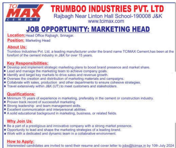 TRUMBOO INDUSTRIES PVT. LTD JOB OPPORTUNITY: MARKETING HEAD