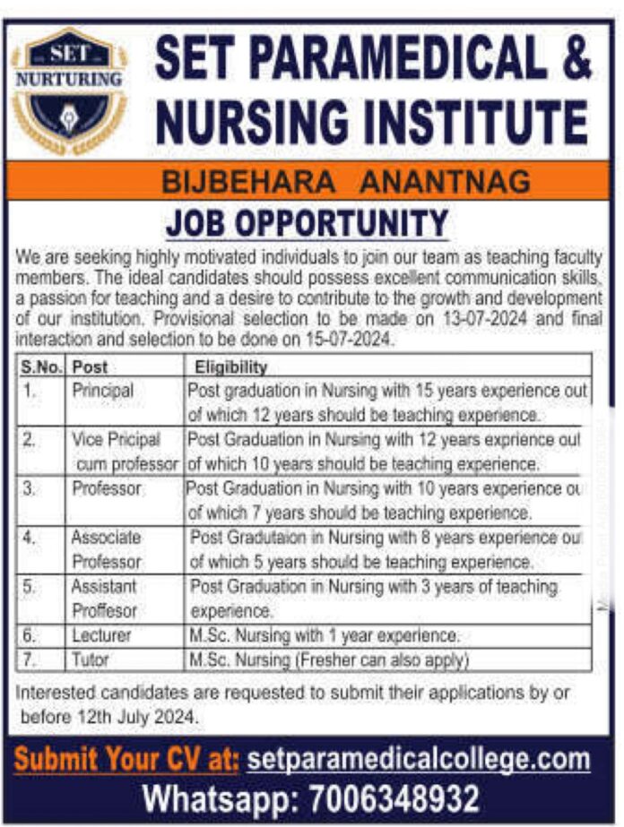 SET PARAMEDICAL & NURSING INSTITUTE BIJBEHARA ANANTNAG JOB OPPORTUNITY 2024