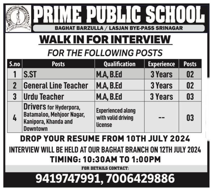 PRIME PUBLIC SCHOOL JOB ADVERTISEMENT 2024