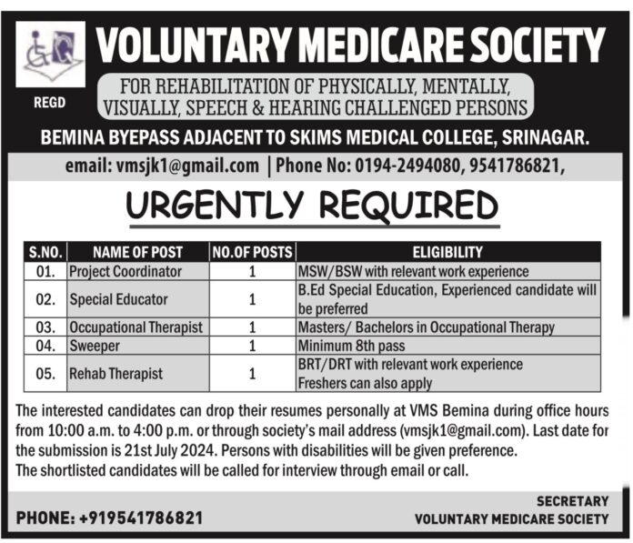 Urgent Job Openings at Voluntary Medicare Society, Bemina, Srinagar