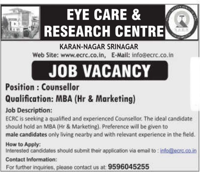 Job Vacancy at Eye Care & Research Centre, Karan Nagar Srinagar