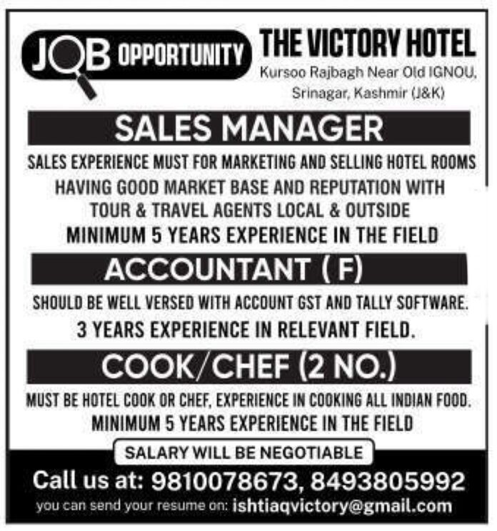 Job Opportunity at The Victory Hotel Kursoo Rajbagh