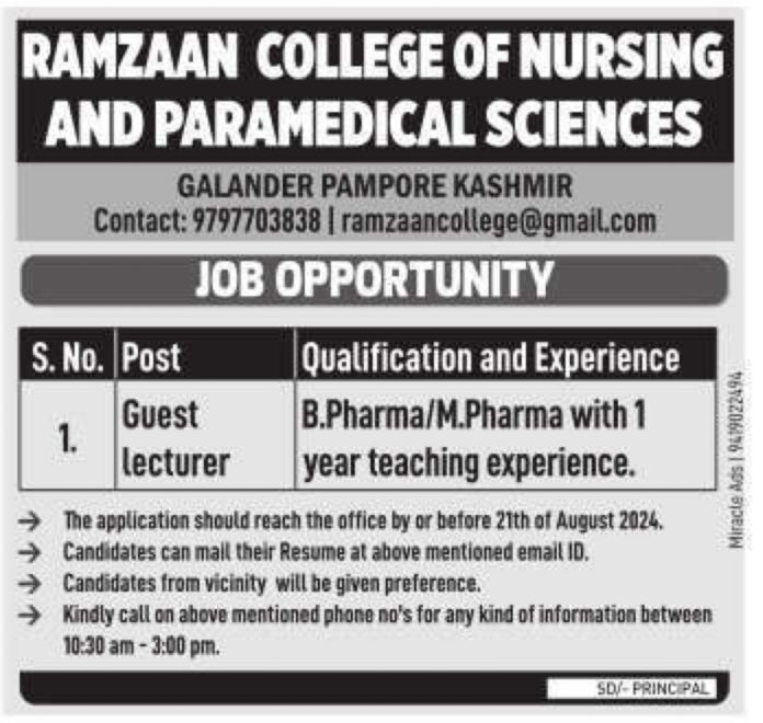 Job Opportunity at Ramzaan College of Nursing and Paramedical Sciences