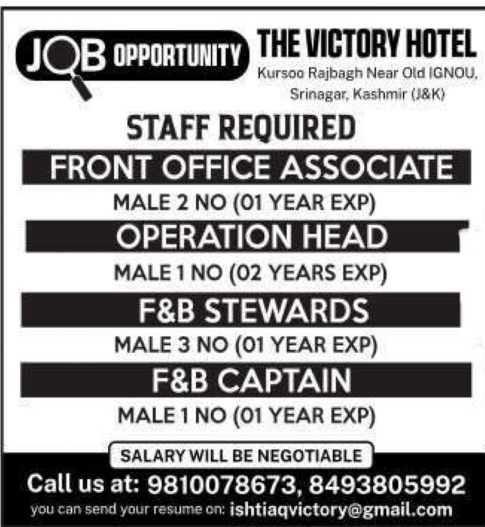 Job Opportunity at The Victory Hotel, Srinagar