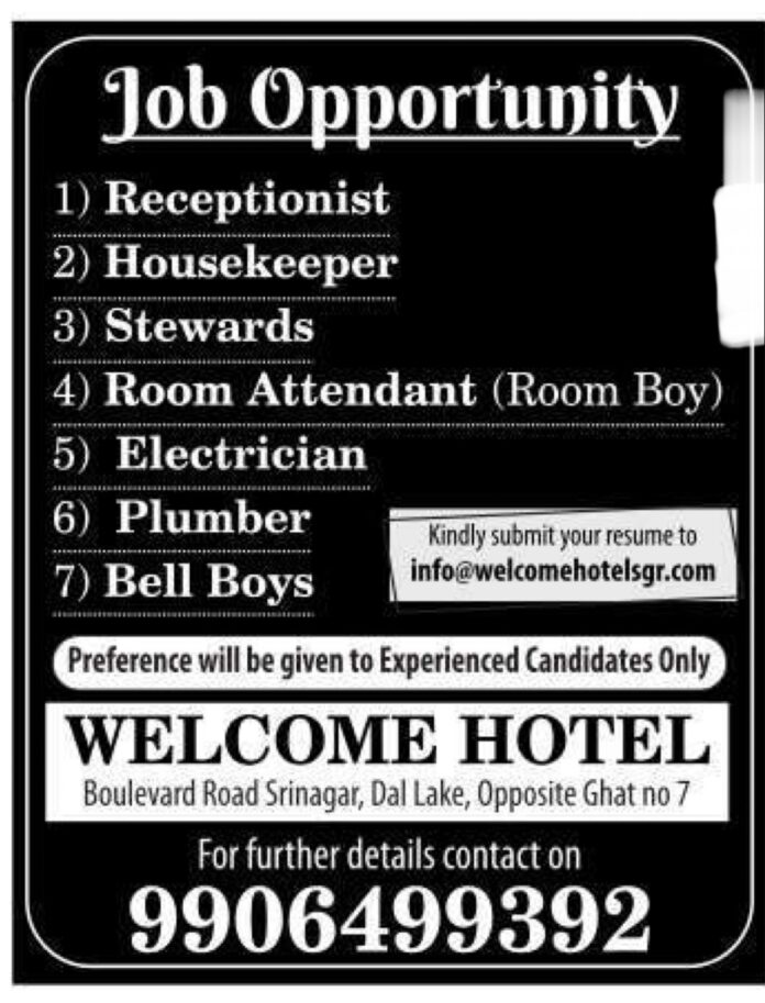 Job Opportunity at Welcome Hotel, Srinagar 2024