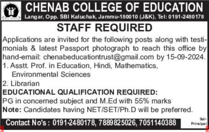 Job Opportunity - Chenab College of Education 2024