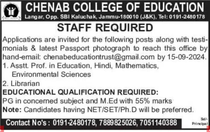 Job Opportunity - Chenab College of Education 2024