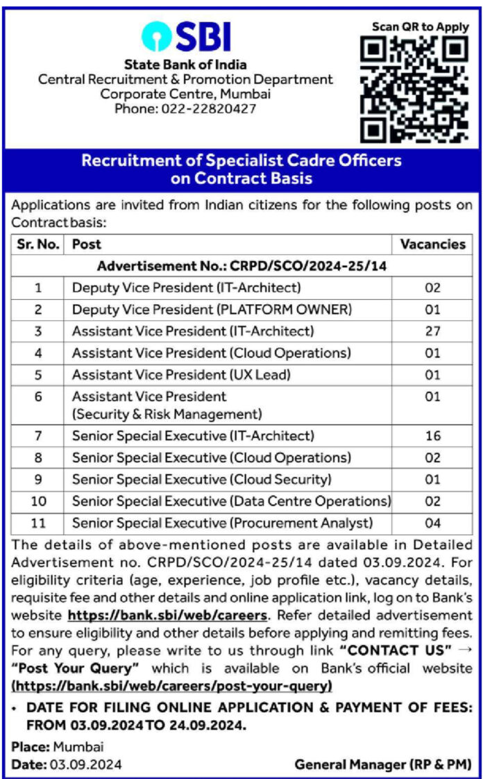 State Bank of India - Specialist Cadre Officer Recruitment 2024