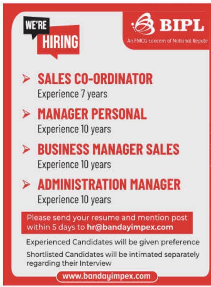 Job Opportunities at Banday Impex Pvt. Ltd. (BIPL) 2024