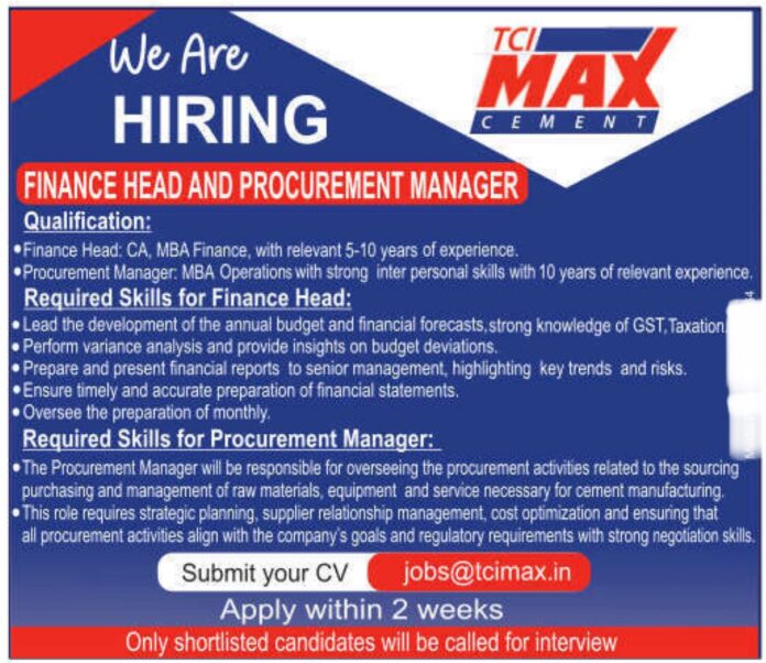 Job Opportunities at MAX Cement 2024