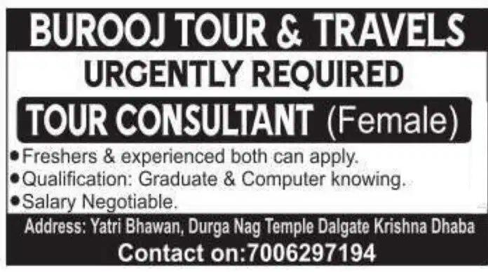 Urgent Job Requirement at Burooj Tour & Travels