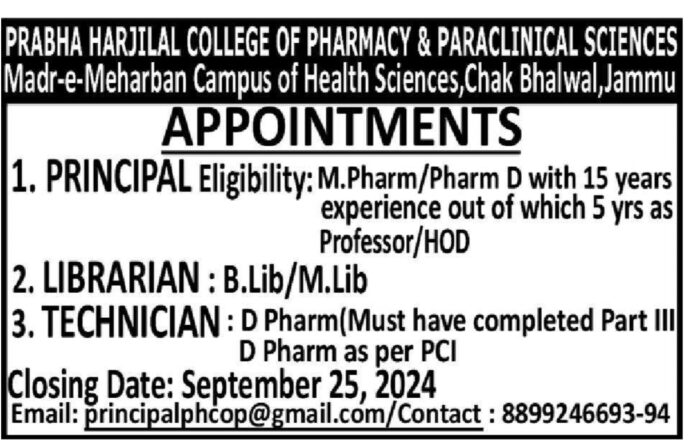 Prabha Harjilal College of Pharmacy & Paraclinical Sciences Job Advertisement 2024